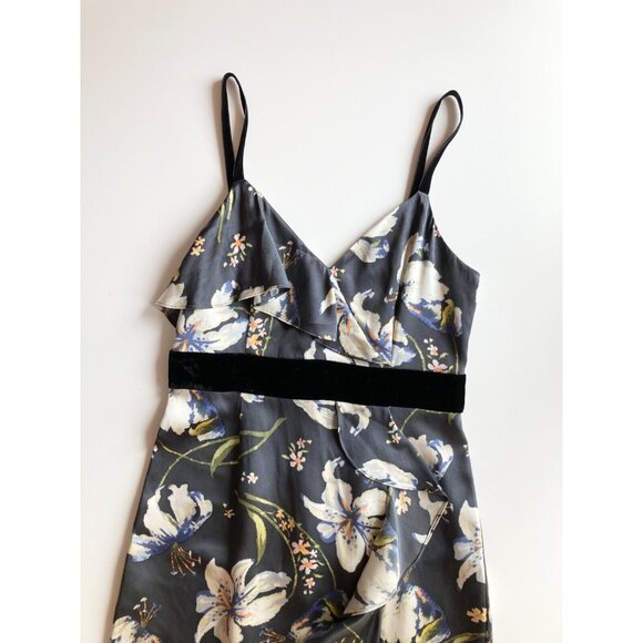 CINQ A SEPT Leena Floral Silk Charmeuse Ruffle Velvet Midi Sheath Dress, Size 2 - Picture 8 of 16